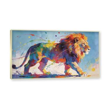 Imagem de NHLDZYH Moldura dourada. Arte abstrata de respingos de leão, pintura colorida de animais em tela, decoração de parede expressiva moderna para sala de estar ou escritório. A122. 75 x 135 cm - 29,5 x