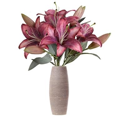 Imagem de IPOPU Flores de lírio artificiais rosa, 5 peças, flores de seda rosa choque, lirio de tigre, flores sintéticas, arranjos florais a granel, decoração de festa de casamento, decoração de casa