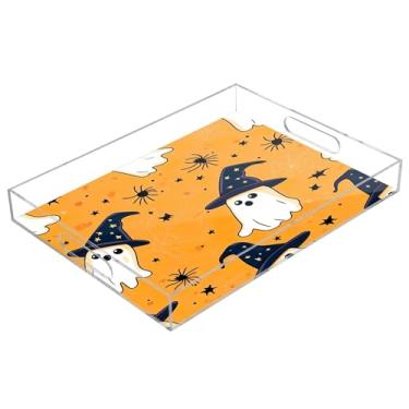 Imagem de xigua Bandeja de servir de acrílico fantasma de Halloween com alças à prova de derramamento, bandejas decorativas de festa de Halloween, bandeja organizadora de bancada para banheiro, cozinha, 30,5 x