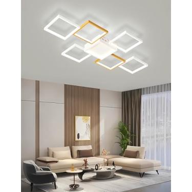 Imagem de Luminária de teto LED moderna e simples com moldura quadrada, dimerizável e com controle remoto, ideal para sala de estar, quarto e sala de jantar (branco + dourado, 7 lâmpadas).