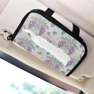 Imagem de SEHANY Elegante suporte de lenços de papel de carro floral roxo, caixa de lenços para carro, viseira solar, porta-guardanapos retangular, dispensador de máscara de carro, caixa de lenços para veículos