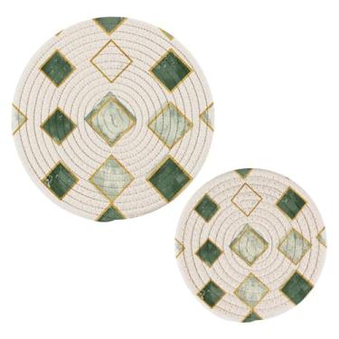 Imagem de Wassud Conjunto de trivet de formas de diamante verde para pratos quentes, suportes redondos de algodão, almofadas quentes, porta-copos elegantes, decoração de cozinha e acessórios, 2 peças
