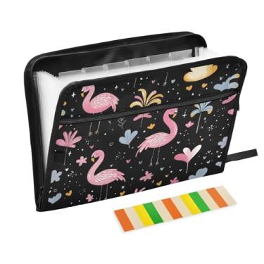 Imagem de Pastas de arquivo pretas flamingo rosa, pastas de plástico com 13 bolsos, pasta de arquivos expansível para documentos, escola, estudantes, escritório, pasta de estética com etiquetas tamanho carta A4