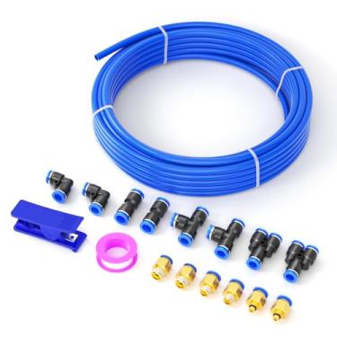 Imagem de luxdeng Kits de mangueira de ar PU de poliuretano azul de 4 mm OD com conexões de pressão para conexão para tubo de transferência de fluido de ar comprimido 10 metros/10 m (pacote com 17)
