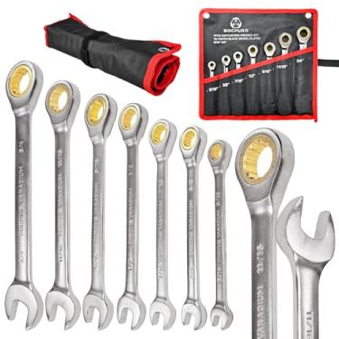 Imagem de Socpuro Conjunto de chaves de catraca com combinação de 7 peças, chave inglesa de aço CR-V, chaves catraca de anel de engrenagem de 72 dentes com bolsa de rolamento (cabeça fixa, SAE)