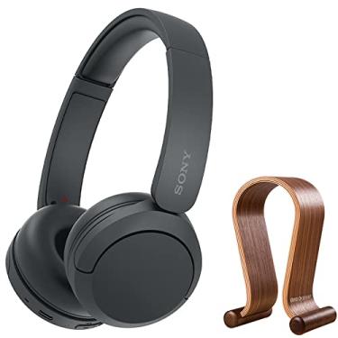 Imagem de Sony WH-CH520 Fones de ouvido sem fio com microfone, conjunto preto com suporte de exibição de fone de ouvido de madeira seguro para mesa/gancho de fone de ouvido para jogos