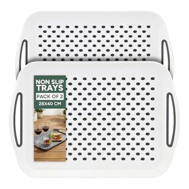 Imagem de Zuvo Bandeja antiderrapante para servir comida com alças (conjunto de 2) – Plástico livre de BPA, leve e durável – Bandejas de sofá antiderrapantes para comer e beber (branca)