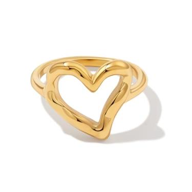 Imagem de BENIQUE Anel feminino de ouro prata grosso com coração de aço inoxidável banhado a ouro 18 K, impermeável, não mancha, ajuste confortável tamanho 6-8, Aço inoxidável, Sem pedra preciosa
