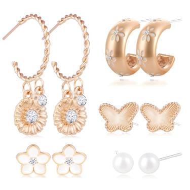 Imagem de Conjunto de brincos de ouro para mulheres, acessórios ocidentais de luxo, conjunto de joias para presente para mulheres, delicado, elegante, fofo, borboleta, flor, pérola, banhado a ouro, conjunto de