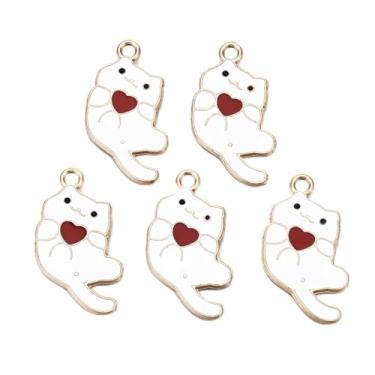 Imagem de Pingentes de gato esmaltados de liga dourada, gato fofo branco com enfeite de pingente de coração vermelho, berloque de fabricação de joias a granel para colar, pulseira, brinco ou presente de Dia dos