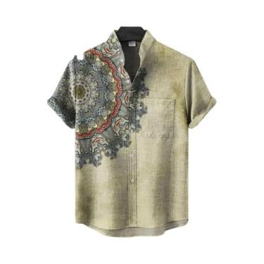 Imagem de Camisa Masculina Vintage De Linho Manga Curta Com Estampa Mandala Flor