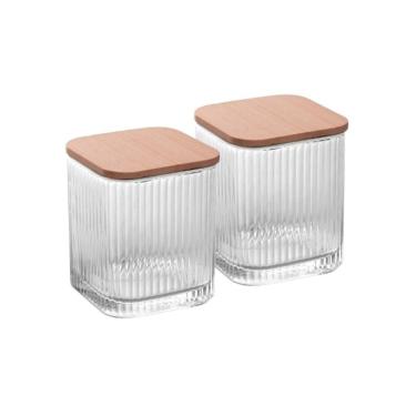Imagem de Cj 2 Potes Porta Cotonetes/Algodão de Vidro C/Tampa de Bambu Lines 9,5x8cm Lyor