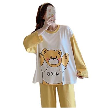 Imagem de HHHJQFAAT Pijama feminino de primavera plus size, conjunto de pijama de desenho animado versão solta pijama pulôver (amarelo 3X)