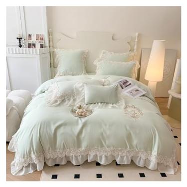 Imagem de Jogo de cama Matcha verde em V francês chiffon renda babados bordado macio aconchegante tamanho queen capa de edredom fronhas (F Queen Size 4 peças)