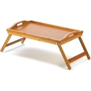 Imagem de Bandeja de cama dobrável de madeira de bambu para café da manhã, mesa de laptop, mesa de jantar simples para sofá-cama, mesa de piquenique com alça