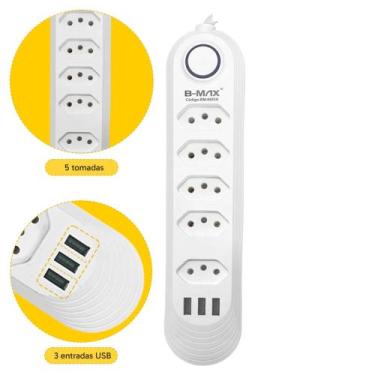Imagem de Filtro de linha Extensão De Tomadas 5 Entradas E 3 Para Usb Fio 2 Metr