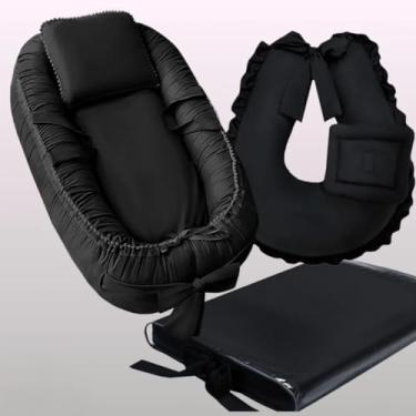Imagem de Kit 3 Peças - Ninho Redutor para Bebê, Almofada de Amamentar e Trocador com Capa Plástica Impermeável (PRETO)