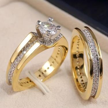 Imagem de 2 peças/conjunto de alianças de casamento com 4 garras de zircônia cúbica para mulheres, conjuntos clássicos de noivado, 10, Cobre, Zircônia cúbica