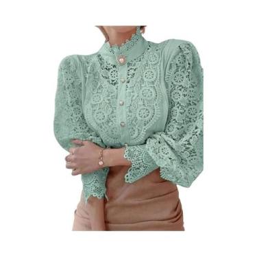 Imagem de Camisa Elegante Feminina De Renda Com Gola Alta E Manga Em Pétala, Blu