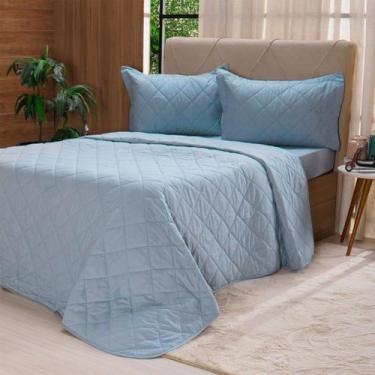 Imagem de Kit Colcha Solteiro 200 Fios Lisa 100% Algodão 160x240cm Bruma Azul - 