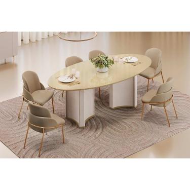Imagem de Conjunto: Mesa Sala Jantar Liz c/ Tampo Madeirado c/ Vidro Oval 218x108cm e 6 Cadeiras Vitta Off White/Dourado - Linho Bege - DJ Móveis