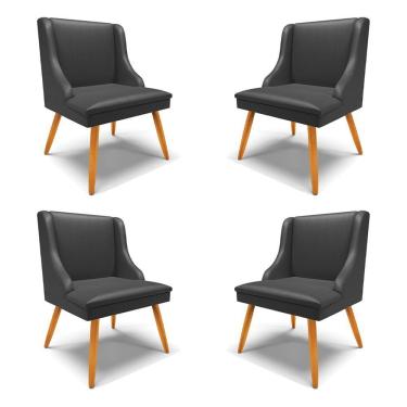Imagem de Kit 4 Cadeiras Decorativas Sala De Jantar Pés Palito De Madeira Pu Preto Fosco/natural