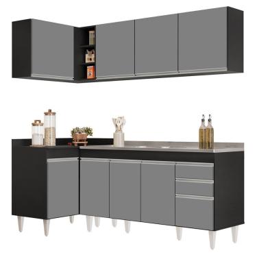 Imagem de Armário De Cozinha Modulado De Canto Direito 4 Peças Cp42 Com Pia Inox Preto-cinza - Lumil