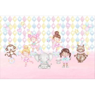 Imagem de Painel de Lona Circo Rosa Meninas Palhacinhas Animais Aquarela - Fabri