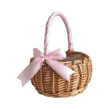 Imagem de Cesta De Vime Marrom Com Alça De Pérolas E Laço, Feita À Mão, Para Flo