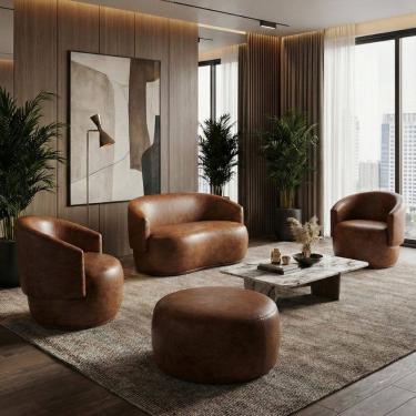 Imagem de Kit 02 Poltronas + 01 Sofá Orgânico Beatriz + 01 Puff redondo Courino Ocre - Montanari`s Decor