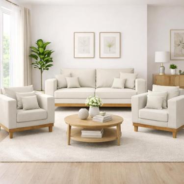 Imagem de Kit 2 Poltronas Living + Sofá 3 Lugares Base Madeira Suede