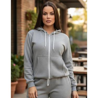 Imagem de Blusa Feminina Esportiva Moleton Flanelado Blusa De Capuz Com Ziper Moletom Quentinho G...