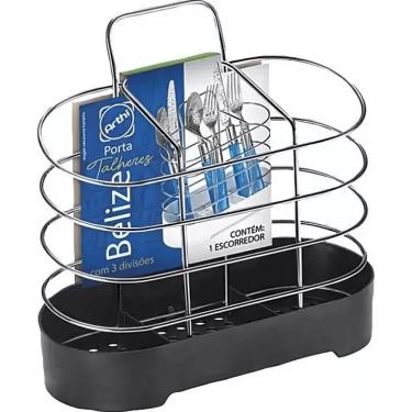 Imagem de Porta Talheres Belize para Organização de Utensílios em Inox com 3 Divisórias e Acabamento Cromado para Cozinha Preto