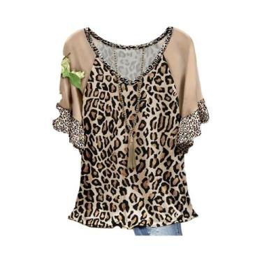 Imagem de Camiseta feminina com gola v estampada leopardo, manga curta, roupas c