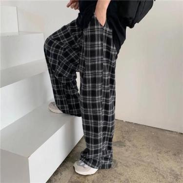 Imagem de Calças Jogger Femininas S-3XL Xadrez De Cintura Alta, Perna Larga, Est