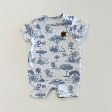 Imagem de Macacão Curto Infantil Menino Milon Branco Estampado Safari Azul Em Ma