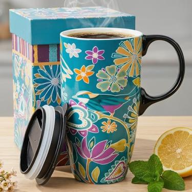Imagem de Topadorn Caneca de café de cerâmica xícara de viagem de porcelana, xícaras de chá de 500 ml com alça e tampa para latte, chá, cappuccino, leite, cacau, micro-ondas e lava-louças