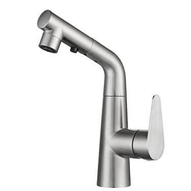 Imagem de Pkfinrd Torneira misturadora de bacia com spray de puxar de aço inoxidável escovado torneira de banheiro de água quente e fria para pia telescópica