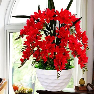 Imagem de YUANXIN Elegante flor artificial, borboleta, orquídea em vaso, decoração de casa, vaso de flores falsas Phalaenopsis, sala de estar, flores plásticas internas (vermelho)