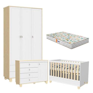 Imagem de Quarto de Bebê Rope 3 Portas Natural Branco com Colchão Gazin - Matic 