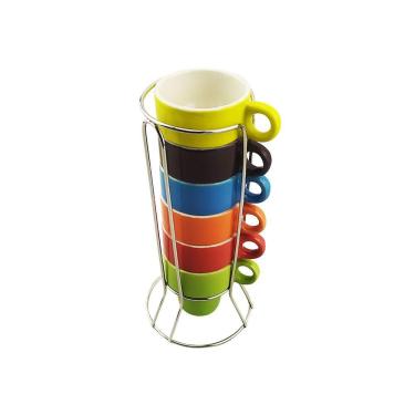 Imagem de Conjunto 6 Xícaras p/ Chá e Café 50ML Empilhável Colorida Com Suporte em Metal Torre de Canecas