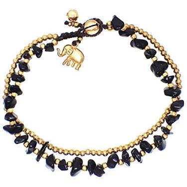 Imagem de Bijoux de Ja Pulseira feita à mão com contas de latão com pingente de elefante de pedra obsidiana preta, 25,4 cm