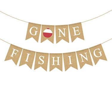 Imagem de Banner de pesca Jute Burlap Gone Retirement Fishing Baby Shower Birthday Party Decoration Supply