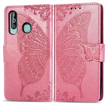 Imagem de CHAJIJIAO Capa flip capa carteira para Samsung Galaxy A60, capa de telefone carteira flip bumper à prova de choque / alça de pulso/coldre floral padrão borboleta carteira capa traseira do telefone (cor: rosa)