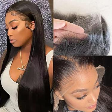 Imagem de Perucas de renda frontal 13X6 HD com cabelo de bebê para mulheres negras cabelo liso virgem brasileiro pré-recolhido peruca frontal entrelaçada cor preta natural 180% densidade 40,6 cm