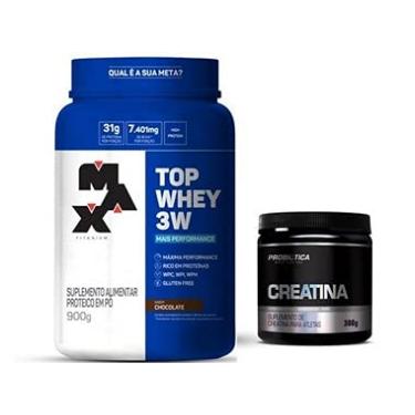 Imagem de Kit Max Titanium Top Whey 3w+ Performance + Creatina 300g Probiotica (MORANGO)