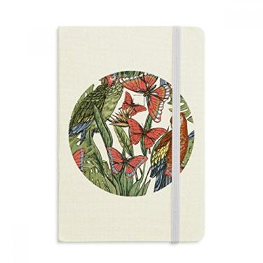 Imagem de Caderno de flores com folhas e pássaro branco com borboleta, capa dura em tecido oficial