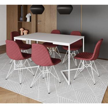 Imagem de Mesa Industrial Retangular Branca Base V 137x90cm C/ 6 Cadeiras Estofadas Vermelho Eiffel Aço Branco