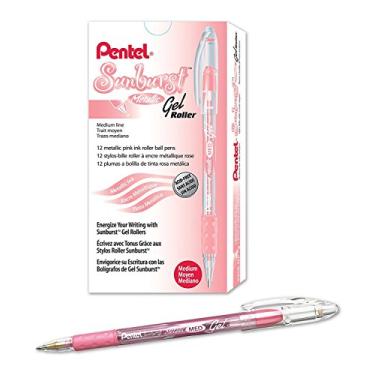 Imagem de Pentel Caneta de gel metálica Sunburst, ponta de 0,8 mm escreve linha de 0,4 mm, tinta rosa/transparente, caixa com 12 (K908-MP)
