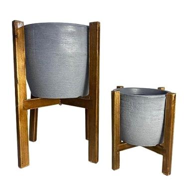 Imagem de Conjunto de Vaso de Planta com Suporte de Madeira Decorativo (Conjunto, Cinza)